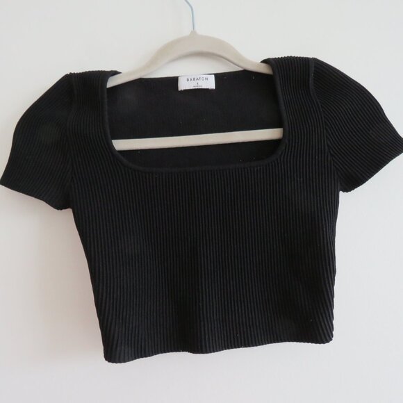 ARITZIA BABATON Sculpt Knit Squareneck Top in Black Ribbed Minimalist - Size S - Picture 2 of 13